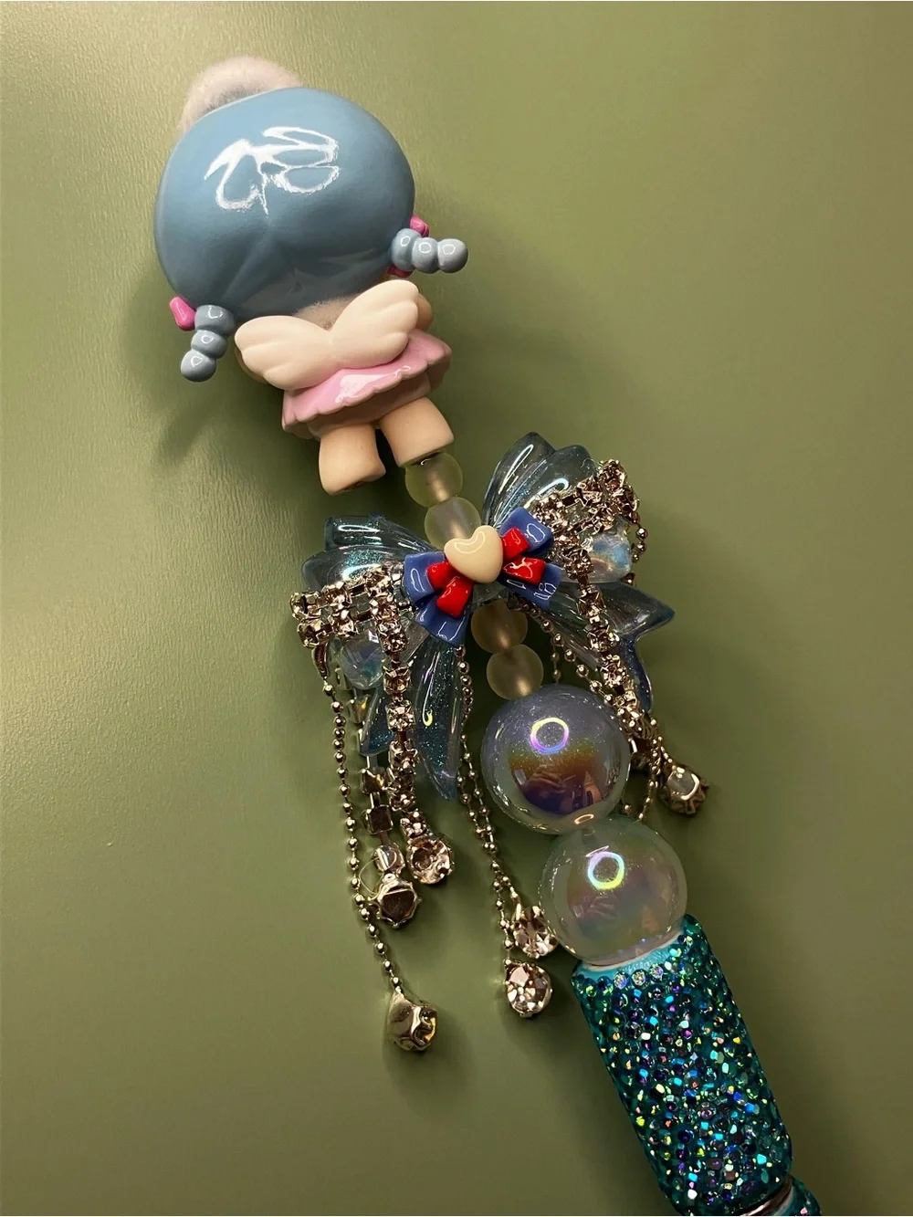 Keeno Angel with Fancy Rhinestone Dangle Bow Handmade Beaded Pen